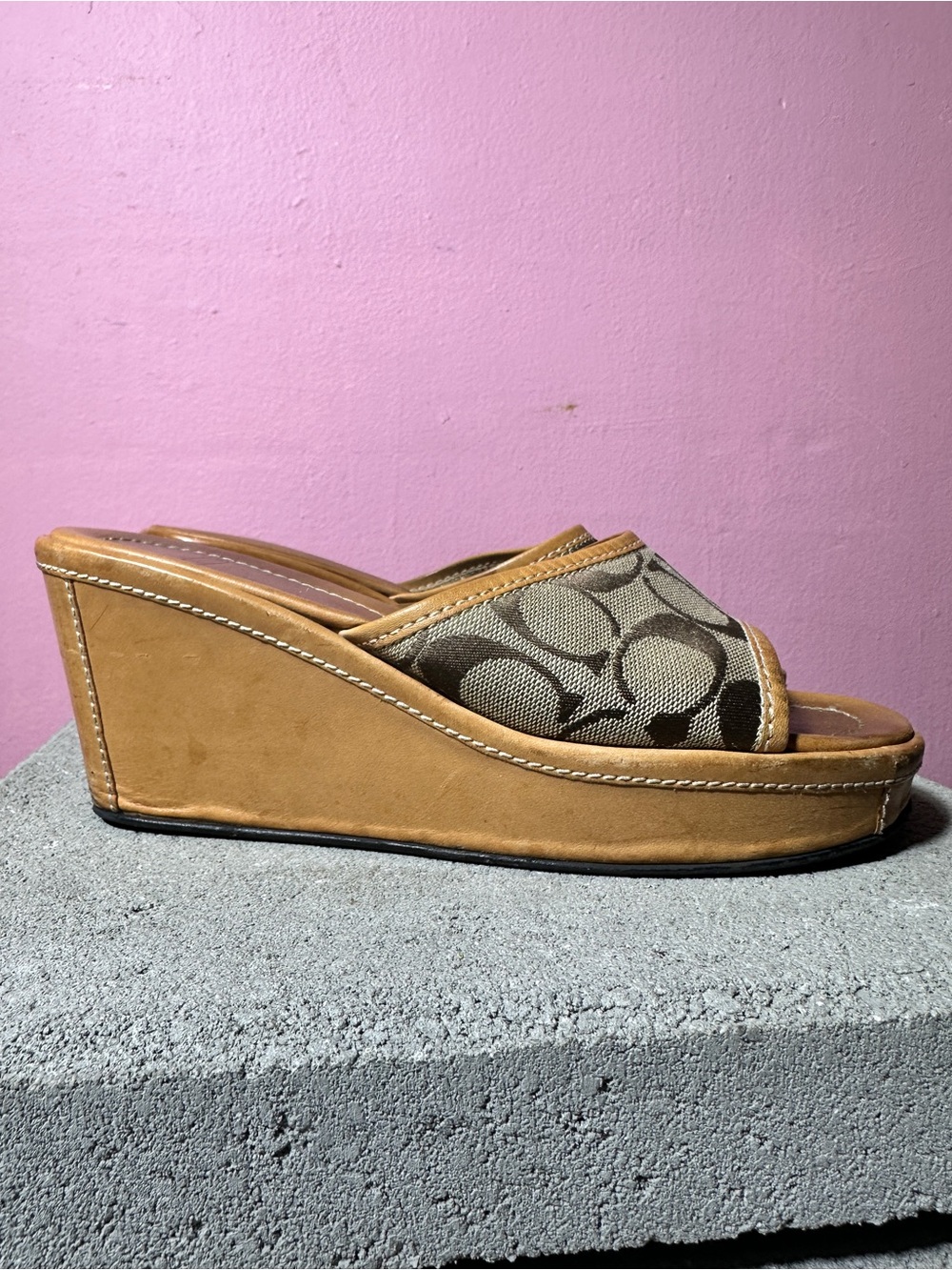 Y2K vintage Coach Brown Signature Canvas Wedge Slide Sandals made in Italy